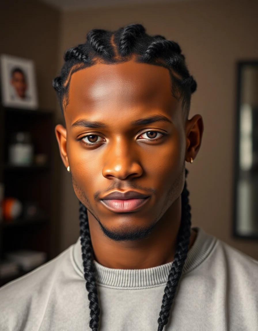 ASAP Rocky-inspired French Braid Pigtails (Two Braids) hairstyle on a model