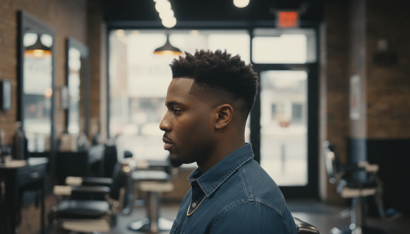 Drop fade haircut — the fade drops in a curved arc behind the ear