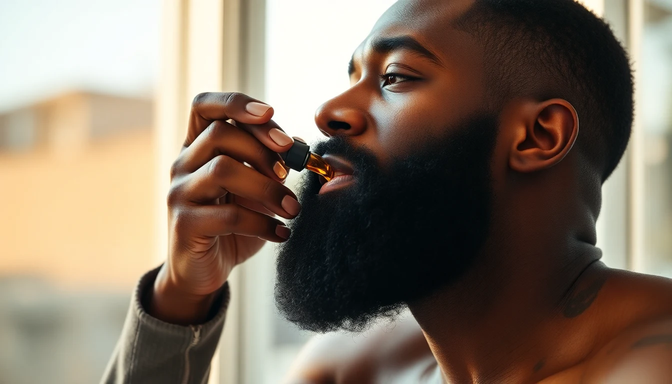 Black Men Beard Care: The Complete Guide (2026) — man applying beard oil to beard