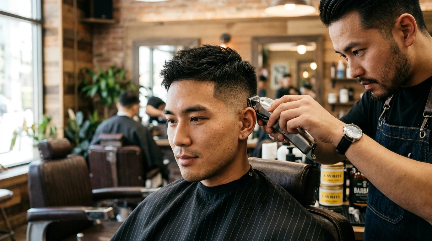 How to Cut Asian Men’s Hair at Home: Techniques for Thick, Straight Hair — man getting a haircut at barbershop