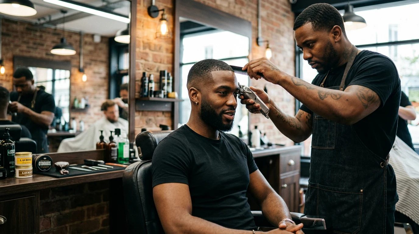How to Cut Black Men’s Hair at Home: Fades, Lineups, and Textured Styles — man getting a haircut at barbershop