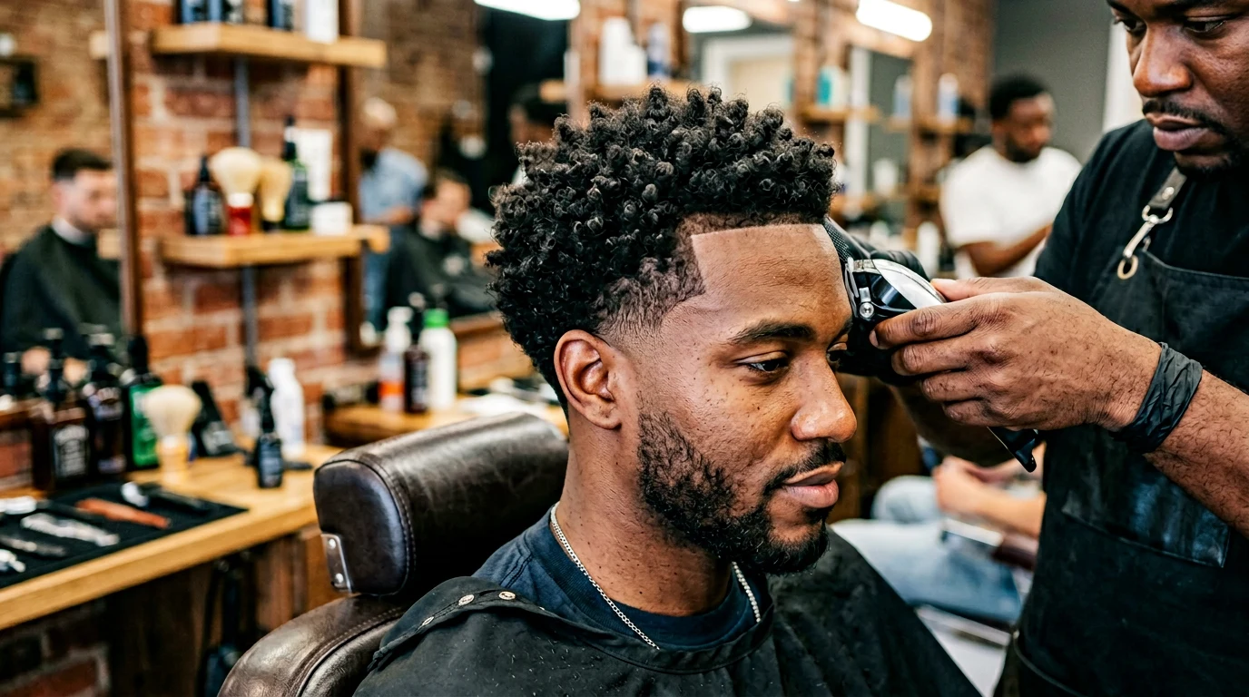 How to Cut Black Men’s Hair at Home: Fades, Lineups, and Textured Styles — man getting a haircut at barbershop