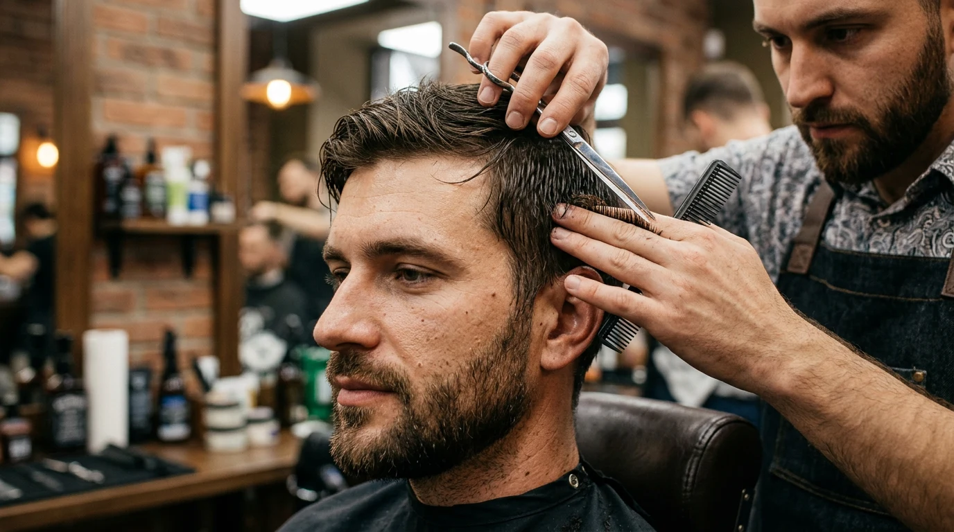 How to Cut Hair at Home: The Complete Guide for Men (2026) — man getting a haircut at barbershop