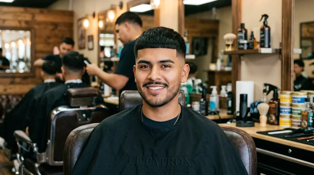 Classic Edgar haircut with straight fringe and high fade on a Latino man