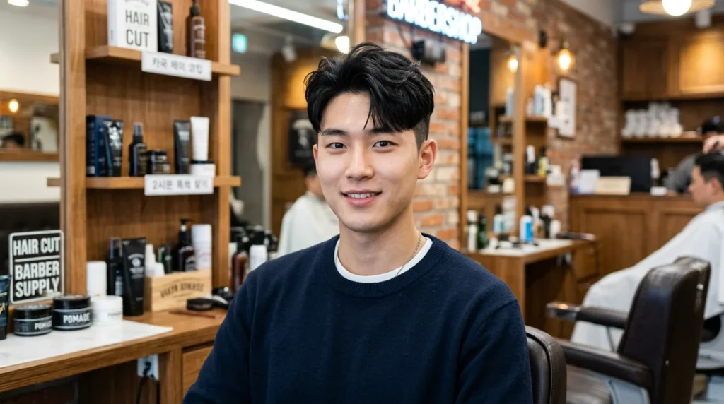 Classic two block haircut on a Korean man with textured top and short sides