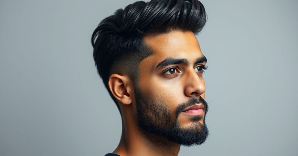 Desi hairstyles for men: a South Asian man with a mid taper fade and textured top