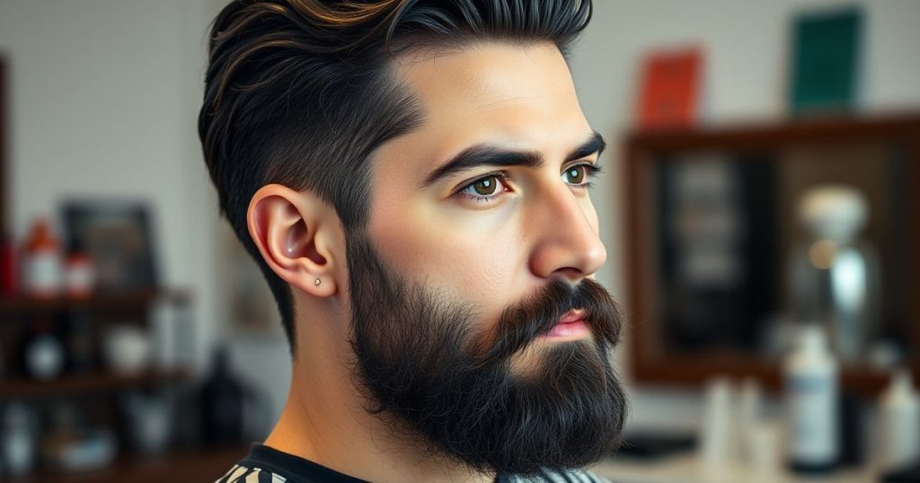 Italian beard styles: a man with a short sharply lined dark beard and thick wavy hair