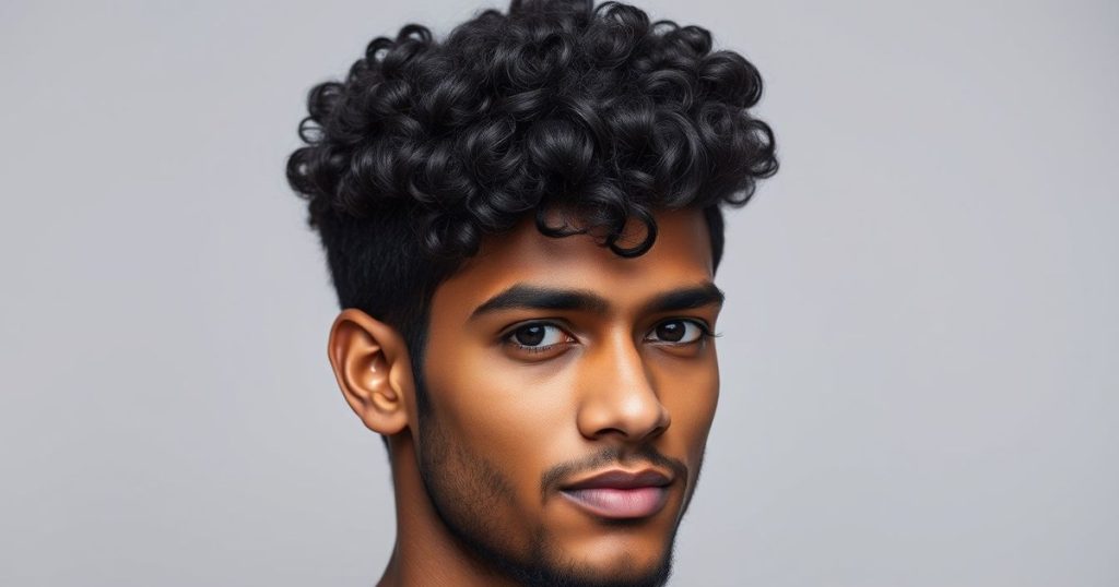 Sri Lankan men's hairstyles: defined curls left long on top with tapered sides