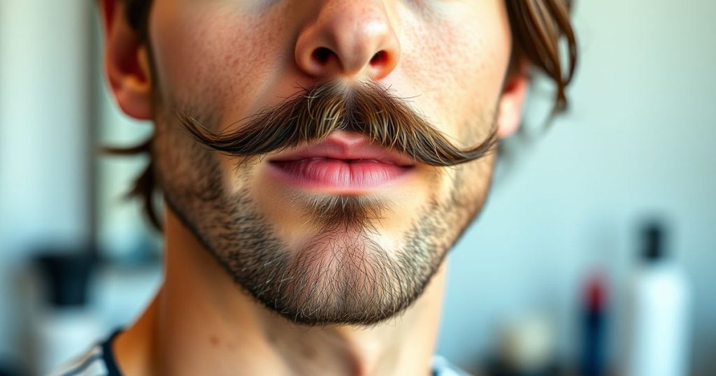 French beard: a man with a neatly trimmed connected chin beard and moustache