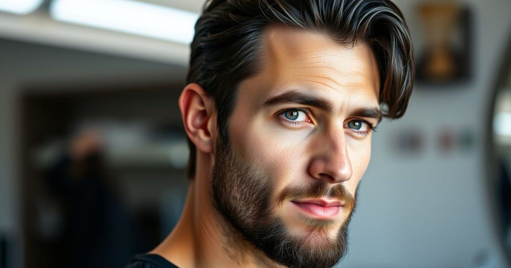 Greek hairstyles for men: dense dark wavy hair worn medium length and pushed back