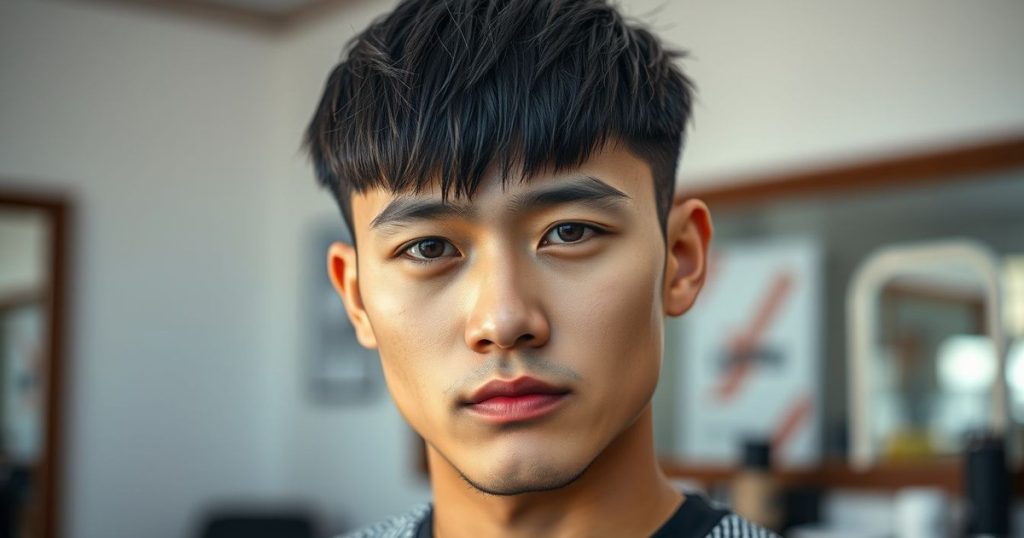 Mongolian haircut styles: very straight coarse black hair in a blunt medium crop